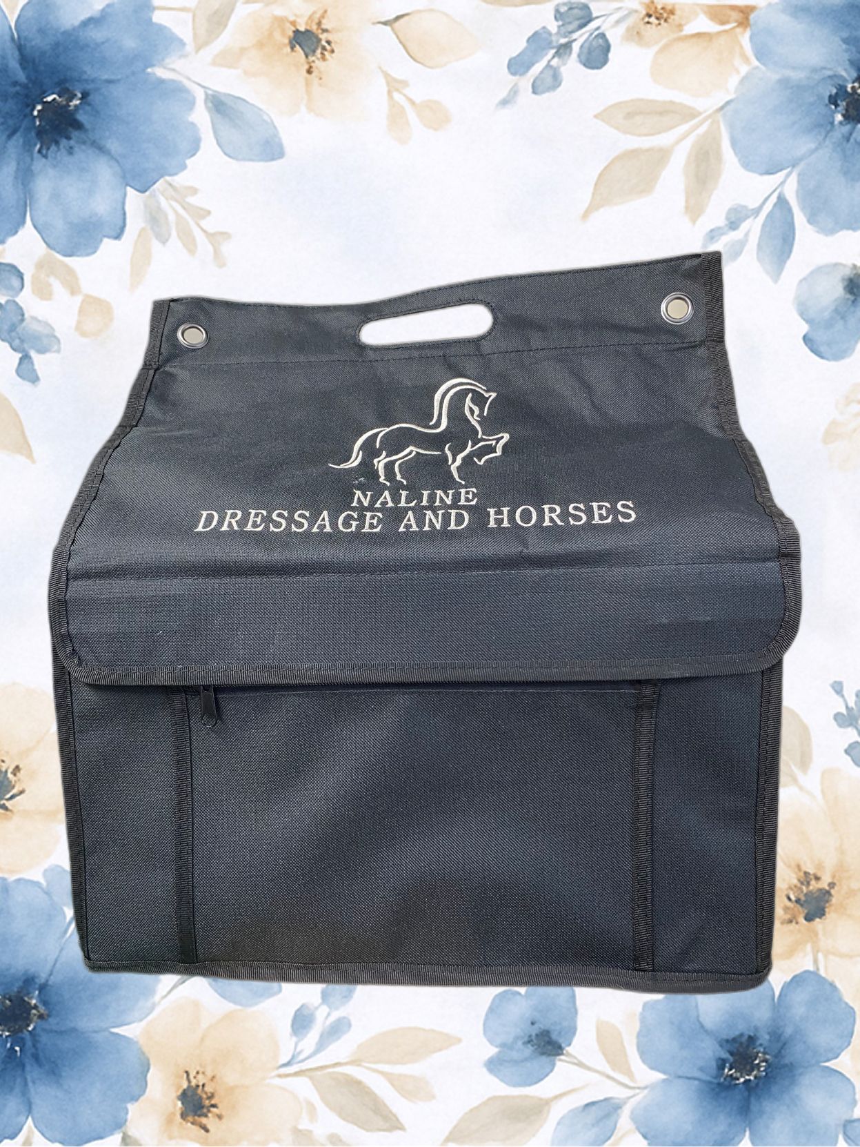 zwarte poetstas wit borduursel